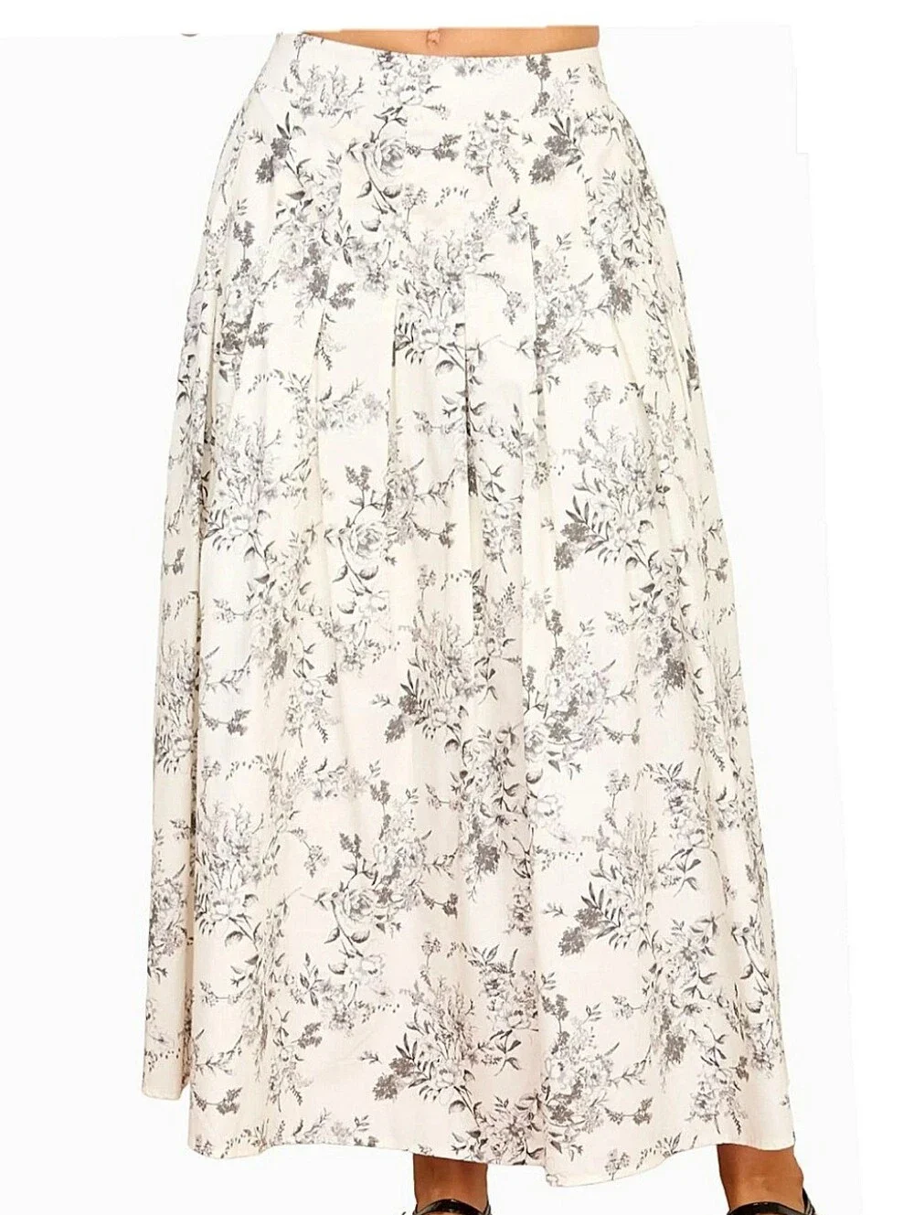 Moon River ivory Floral Toile banded waist cotton Pleated Midi Skirt size Medium